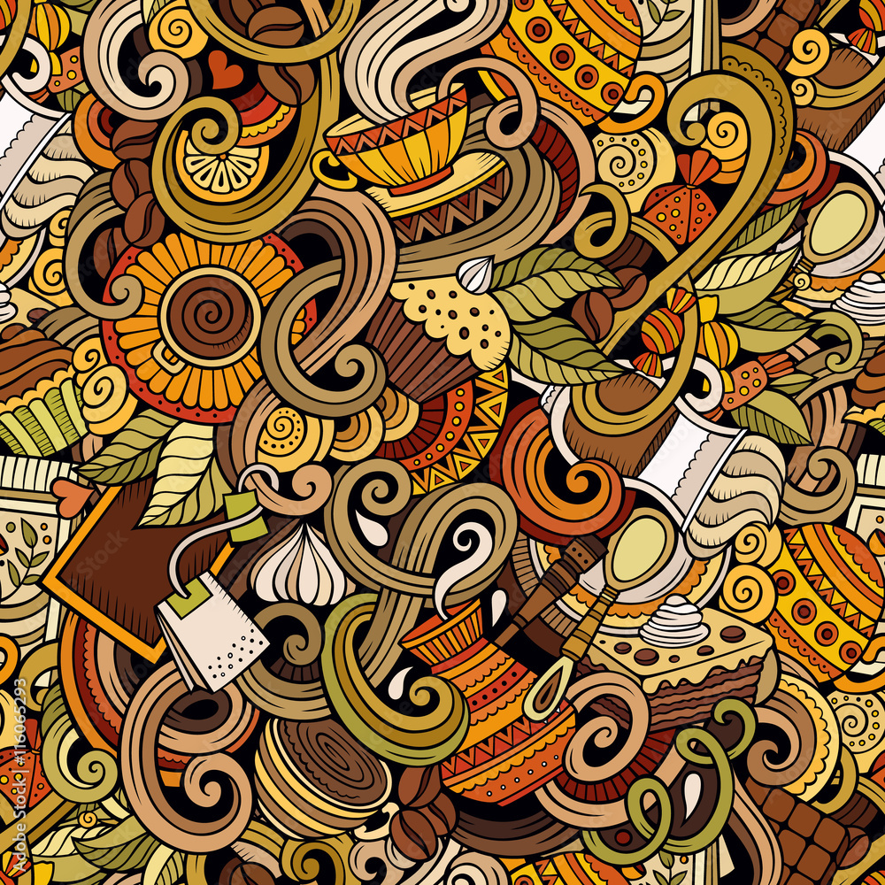 Cartoon hand-drawn doodles of cafe, coffee shop seamless pattern