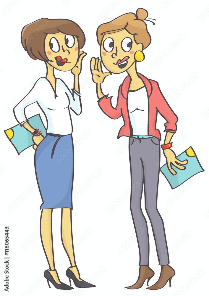 Two office women gossiping. Bad behavior at work. Two office women gossiping. Bad behavior at work.