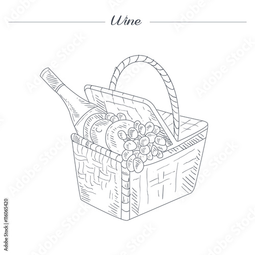 Picnic Basket With Wine Hand Drawn Realistic Sketch