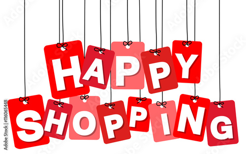 Vector colorful hanging cardboard. Tags - happy shopping