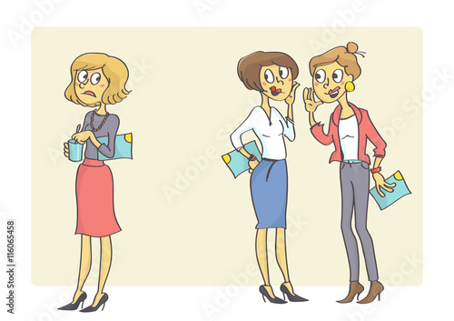 Two office women gossiping their colleague. Bad behavior at work.