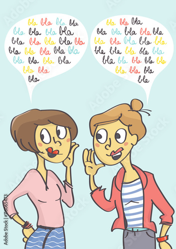 Two women gossiping with comic balloons above. Badmouth friends.