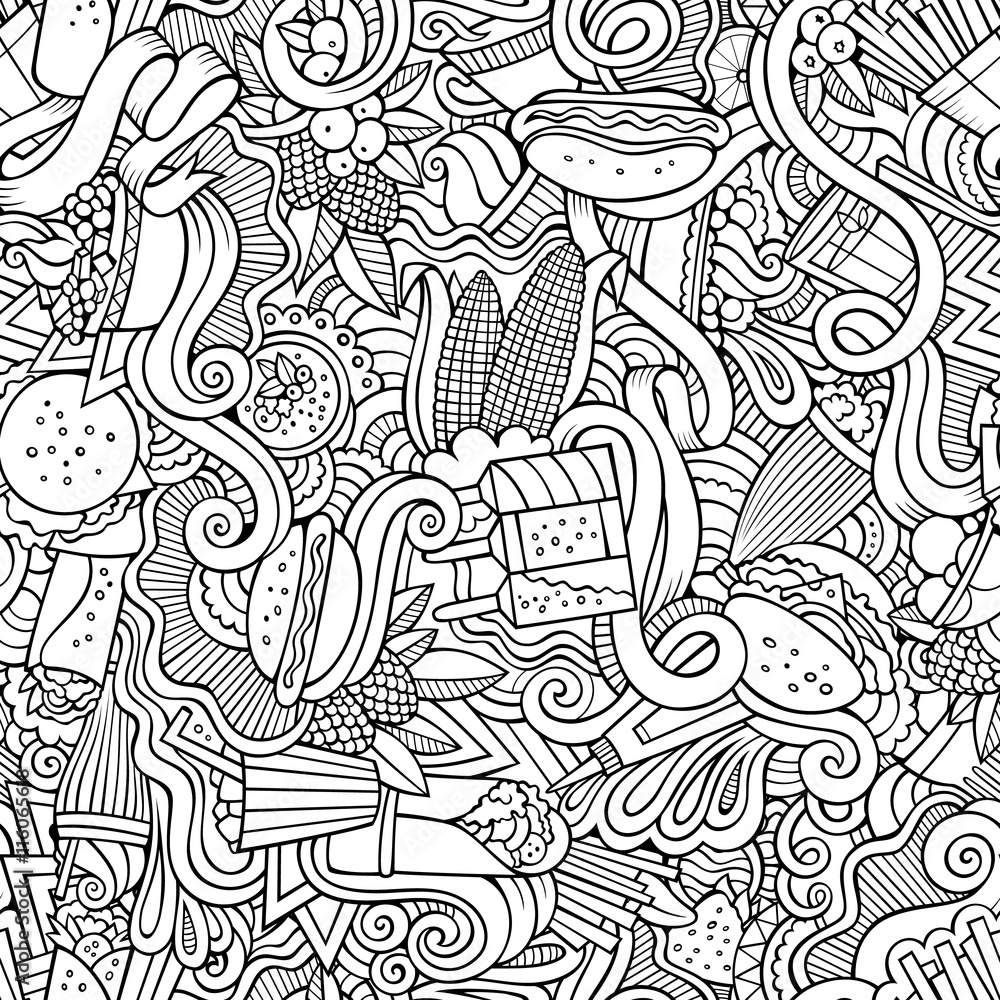 Fototapeta premium Cartoon hand-drawn doodles on the subject of fast food seamless pattern