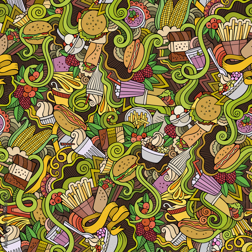 Cartoon hand-drawn doodles on the subject of fast food seamless pattern Cartoon hand-drawn doodles on the subject of fast food seamless pattern
