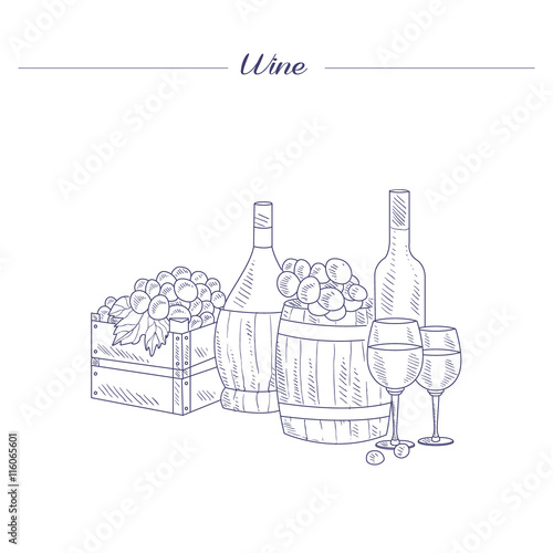 Wine Bottle, Glass And Crate Of Grapes Hand Drawn Realistic Sketch