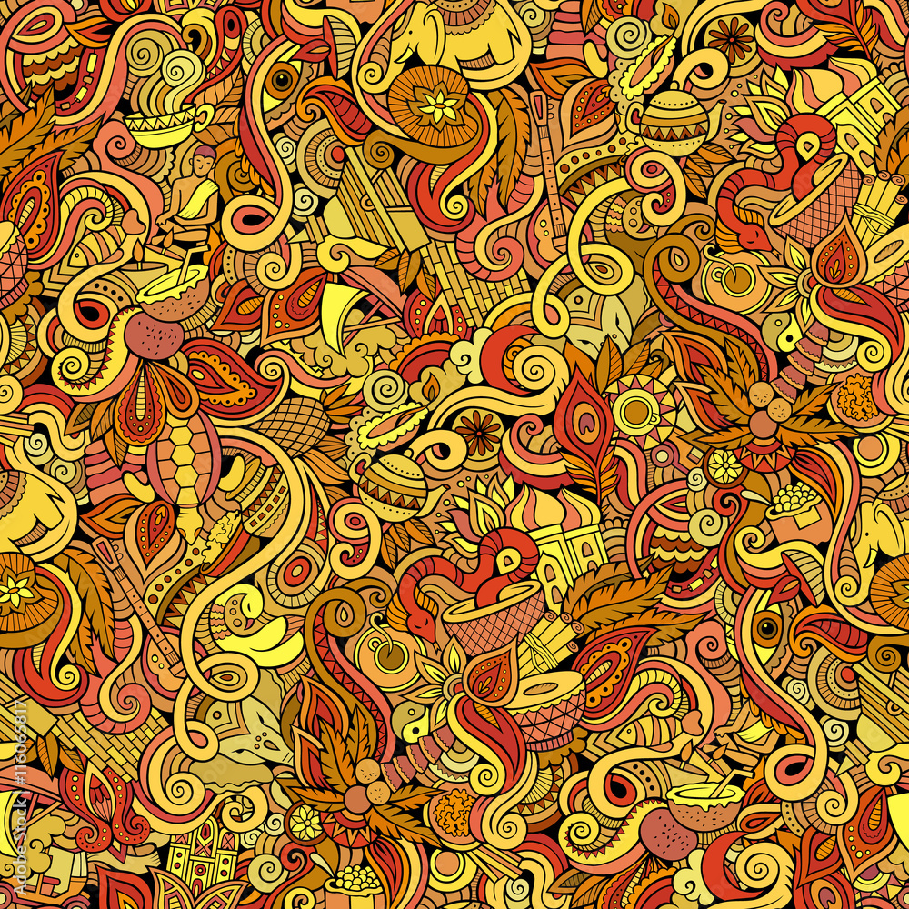 Cartoon hand-drawn doodles on the subject of Indian style theme seamless pattern Cartoon hand-drawn doodles on the subject of Indian style theme seamless pattern