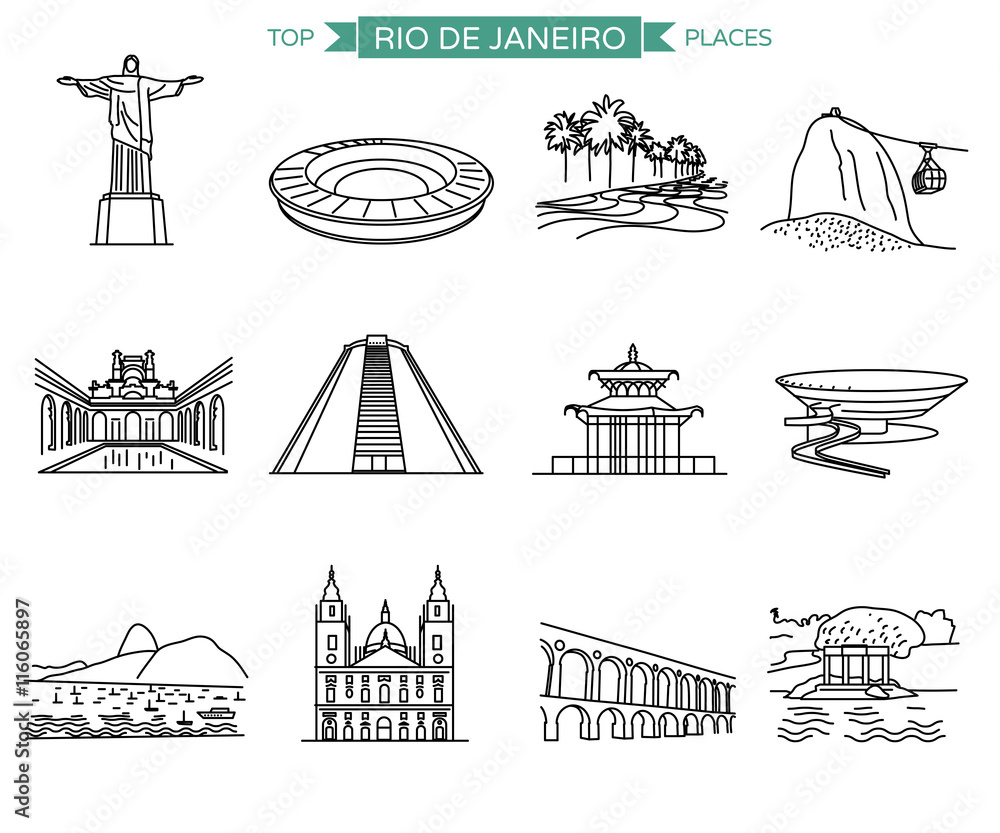 Rio de Janeiro landmarks and top places to visit. Line icons vector set of 12 most popular sights.