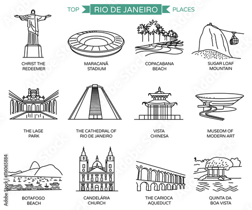 Rio de Janeiro landmarks and top places to visit. Line icons vector set of 12 most popular sights.