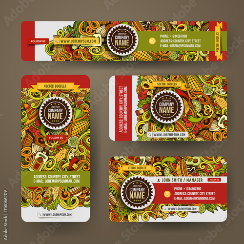 Cartoon doodles mexican food corporate identity set