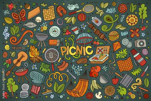 Doodle cartoon set of picnic objects