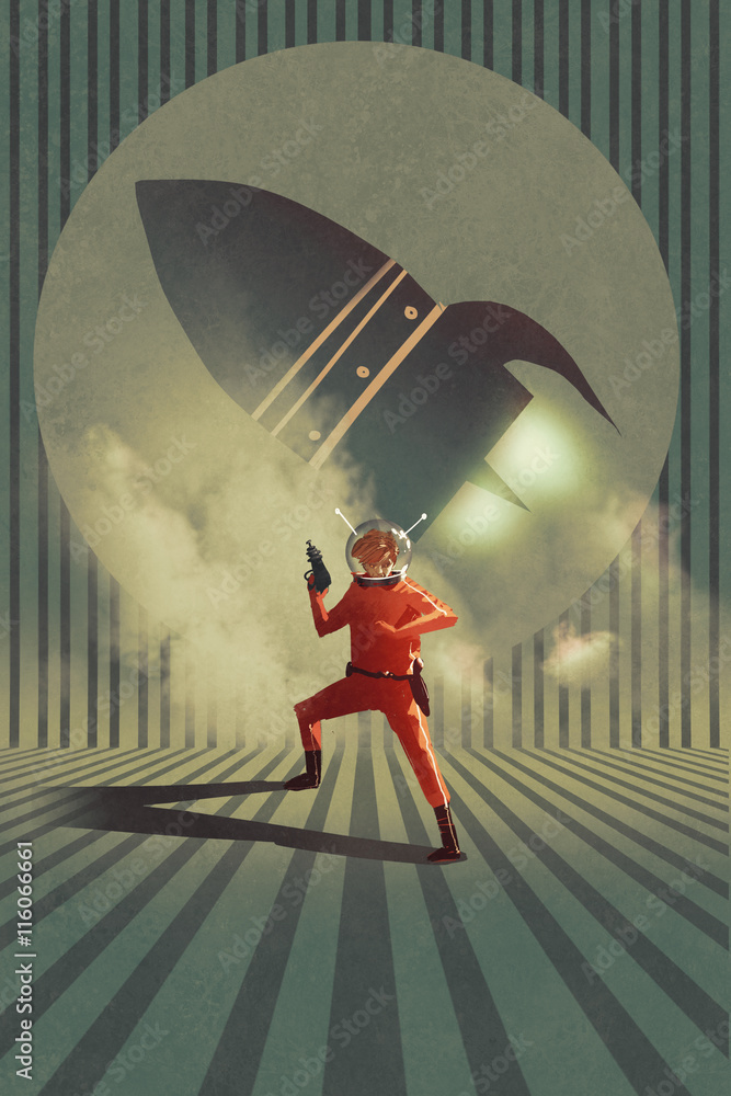 Fototapeta premium super hero in red suit holding gun over rocket launch in background,vintage style,illustration painting