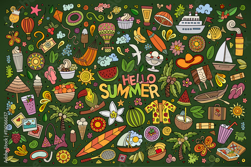 Vector doodle cartoon set of summer objects and symbols