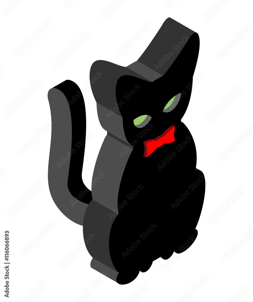 Fototapeta premium Black Cat isometrics. Pet with red bow tie. Animal for witches.