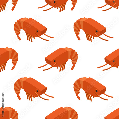 Shrimp isometric seamless pattern. Marine plankton ornament. Ani