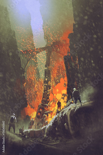 Canvas Print scene of derailed train coaches at rock valley,illustration,digital painting