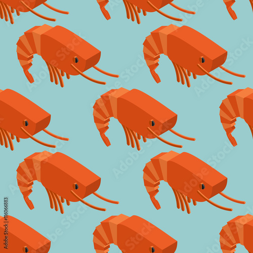 Shrimp isometric seamless pattern. Marine plankton ornament. Ani