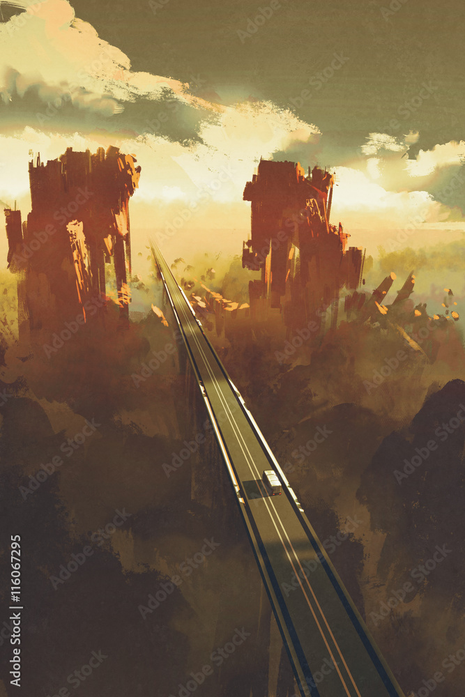 Fototapeta premium straight road through rock canyons,illustration,digital painting