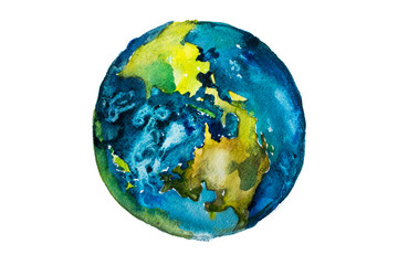 Hand drawn watercolor Earth. Globe painted with watercolours.