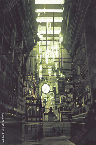 Fotografie inside of grocer shop with old man wait for clients,illustration,digital paintin