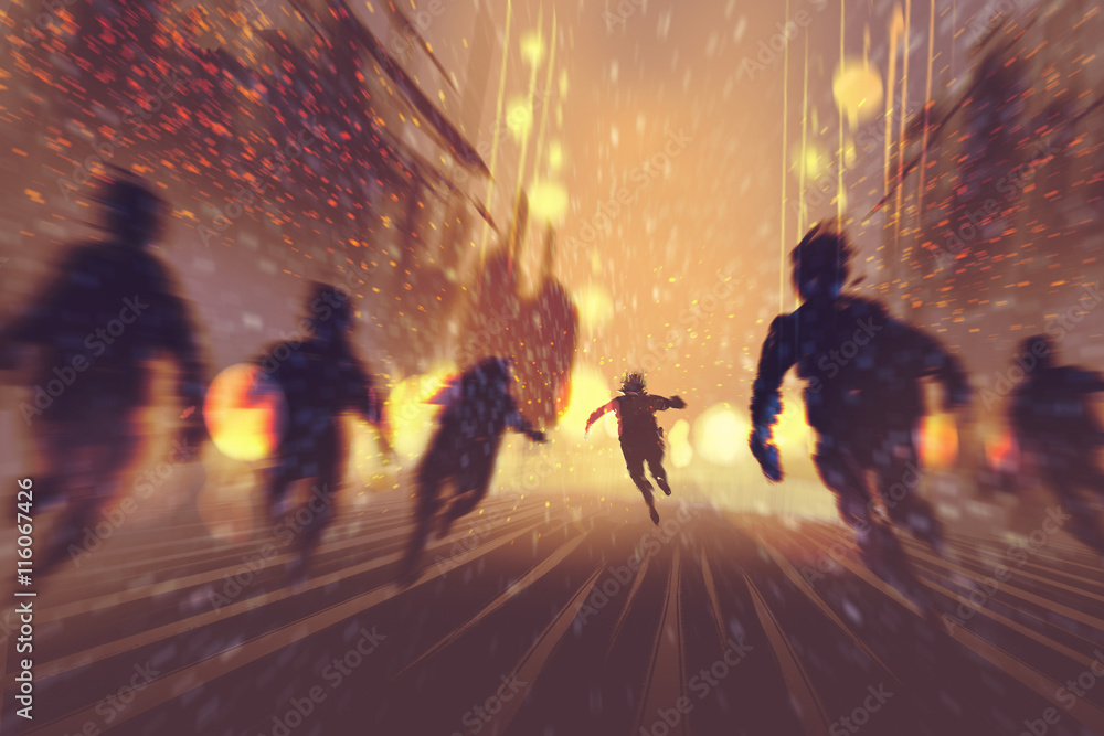 Obraz premium man runing away from zombies,burning city in background,illustration,digital painting