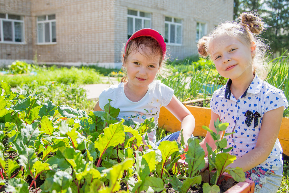 two little girls with a smile help with the work of gardening two little girls with a smile help with the work of gardening