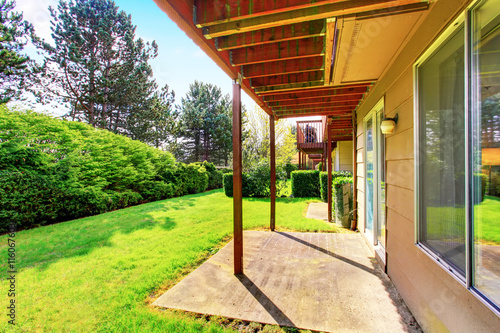 Green backyard garden with trees, trimmed hedges and bushes