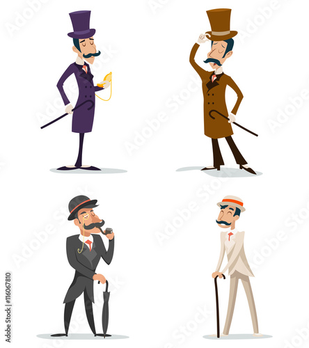 Business Victorian Gentleman Meeting Cartoon Character Icon Set English Great Britain City Background Retro Vintage Design Vector Illustration
