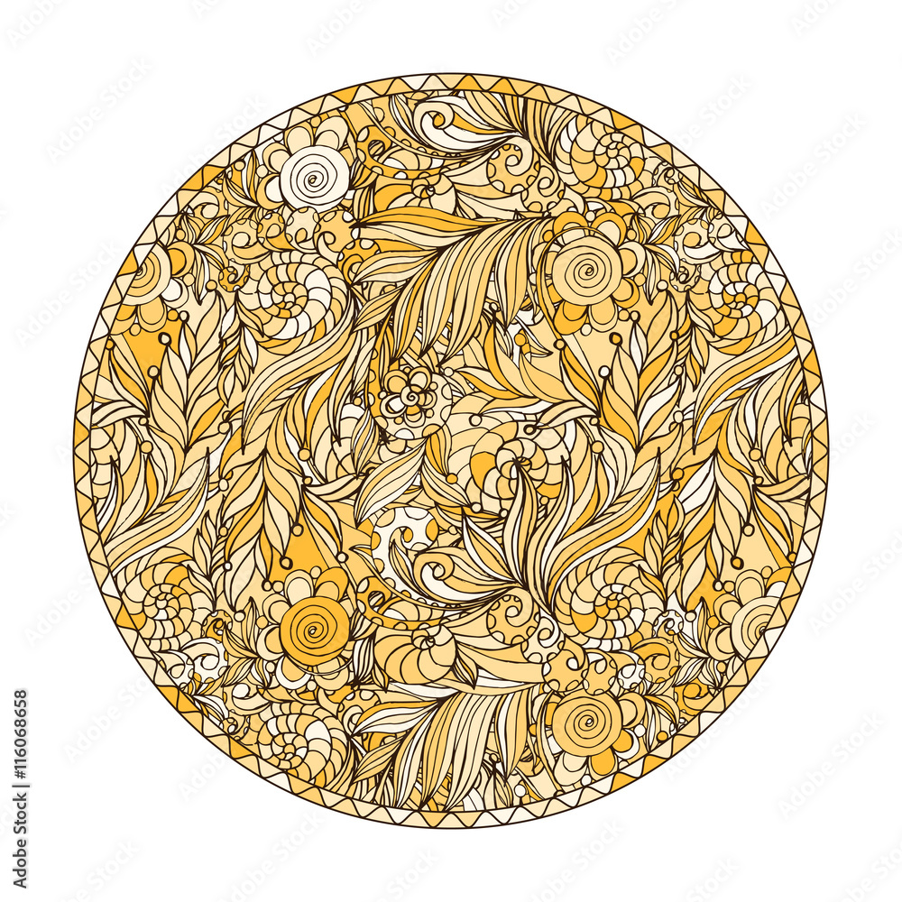 Yellow, brown and beige round coloring page design with doodle pattern for adults Yellow, brown and beige round coloring page design with doodle pattern for adults