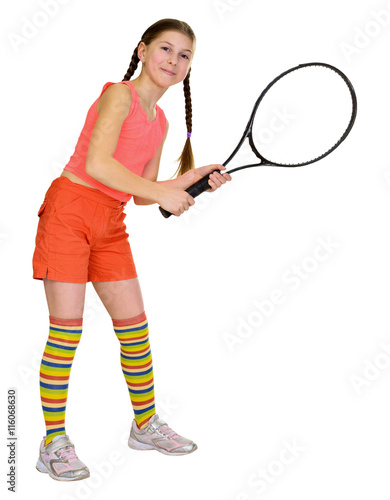 Little girl with tennis racket isolated on white background © pzAxe