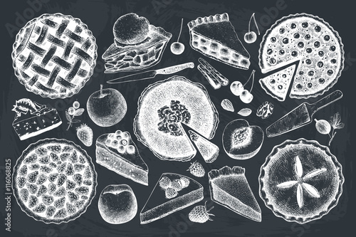 Vector collection of ink hand drawn fruit and berry baking illustration. Vintage set of traditional cake, tart and pie sketch. Sweet bakery. Top view. Chalkboard