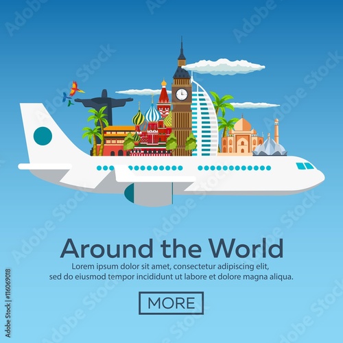 Flat vector web banners on the theme of travel by airplane, vacation, adventure. Around the World