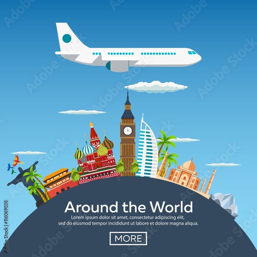 Flat vector web banners on the theme of travel by airplane, vacation, adventure. Around the World