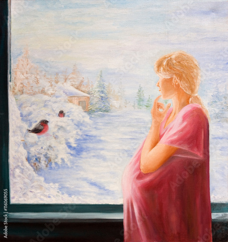 A pregnant woman at the window. Oil painting on canvas