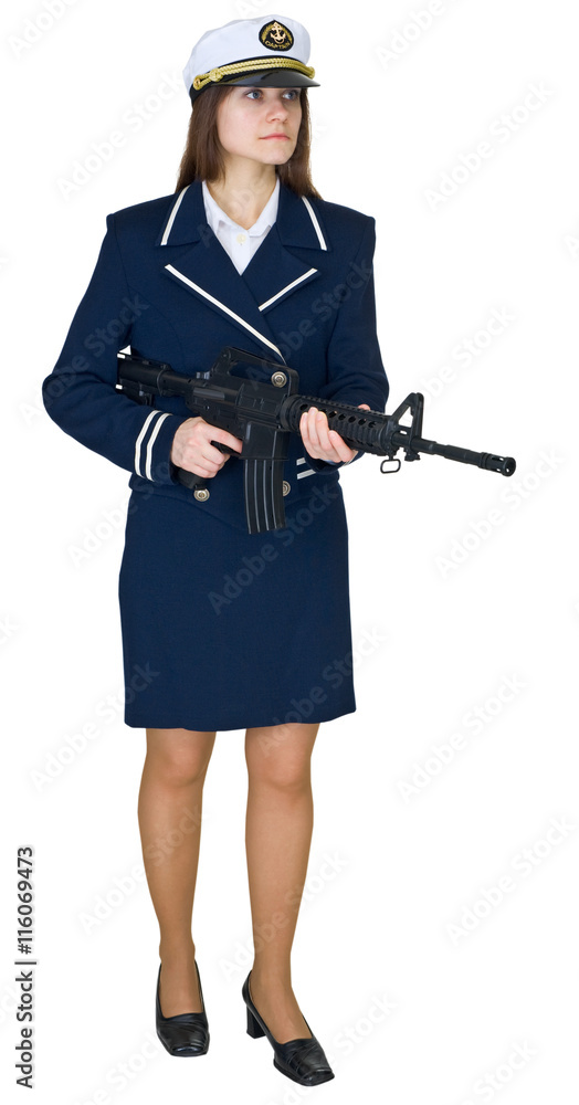 Woman in uniform sea captain with rifle, isolated on a white
