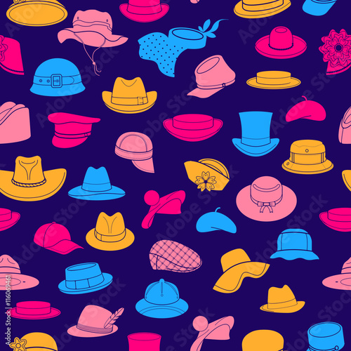 Seamless pattern with flat icons of headwear