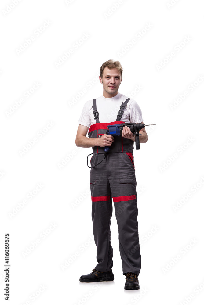 Young repairman with drill perforator isolated on white Young repairman with drill perforator isolated on white