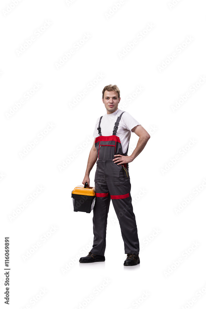 Young man with toolkit toolbox isolated on white Young man with toolkit toolbox isolated on white