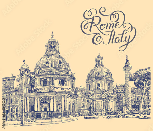 original digital drawing of Rome Italy cityscape with lettering  © Kara-Kotsya