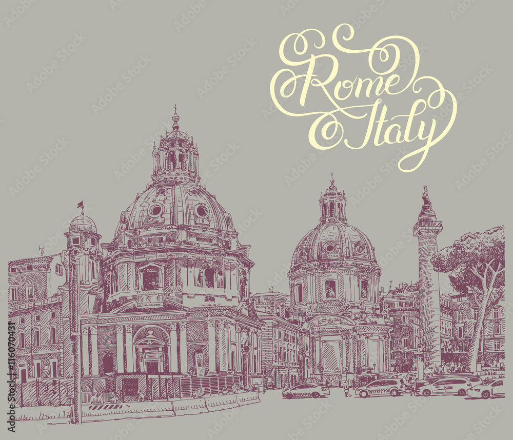 original digital drawing of Rome Italy cityscape with lettering 