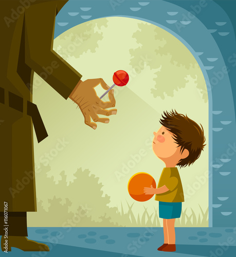 Suspicious stranger offers candy to a little boy