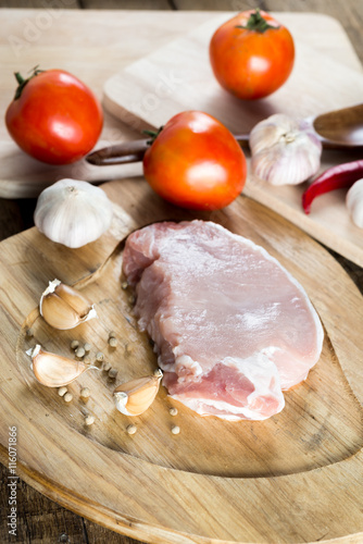 Food series : Raw pork on wooden cutting board