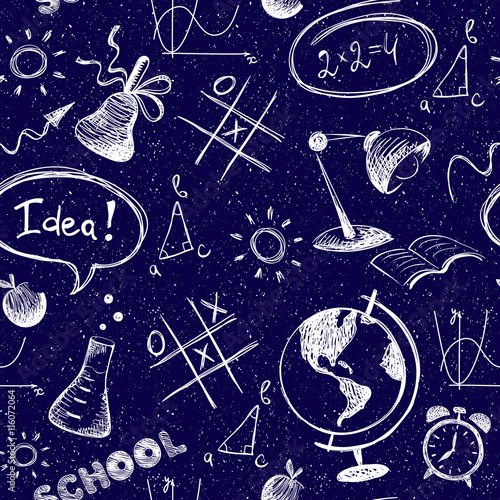 Background with school objects/Seamless vector pattern, blue pen doodle drawing