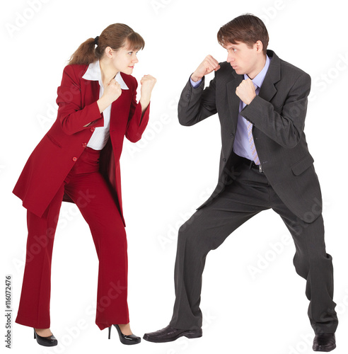 Billede på lærred Man and woman in business suits are going to fight