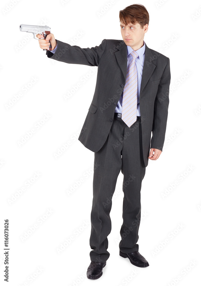 Young man aiming a firearm on white background Young man aiming a firearm on white background