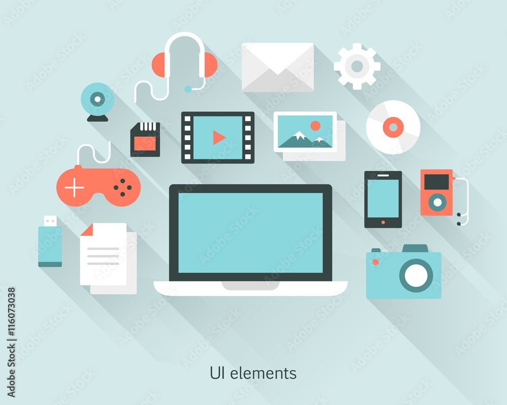 Content concept a laptop with documents and devices in flat design style.  Infographics and multimedia icons. Vector illustration. - obrazy, fototapety, plakaty 