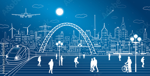 Train move, railway station. Town Square, people walk. Industrial and transport illustration, city infrastructure on background and bridge, airplane fly, vector design art