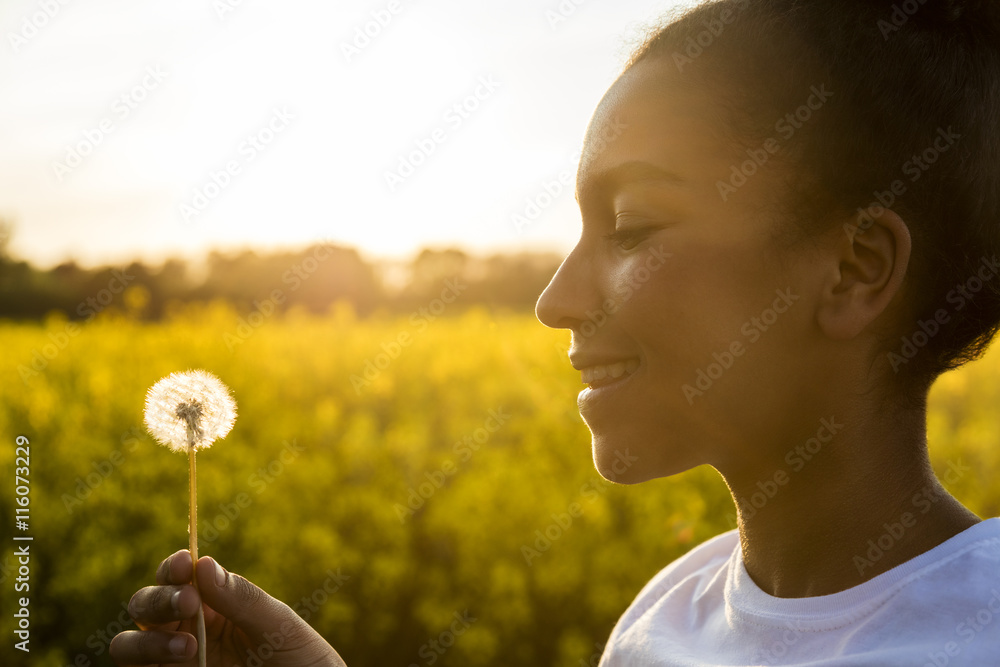 Mixed Race African American Girl Teenager Dandelion Flower Mixed Race African American Girl Teenager Dandelion Flower
