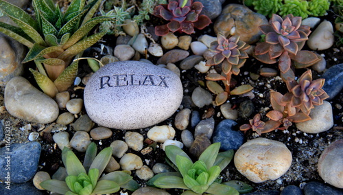 Foto Rock garden with rocks and plants, one stone reading the word 'relax