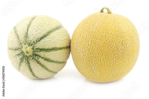 fresh galia melon and a cantaloupe melon on a white background