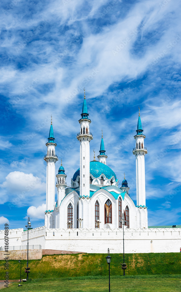 Kul Sharif mosque in the Kazan Kremlin on the background of sky with clouds